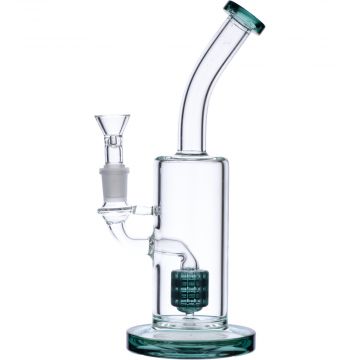Glass Bubbler with Bent Neck and Drum Perc | Teal | Side view 1