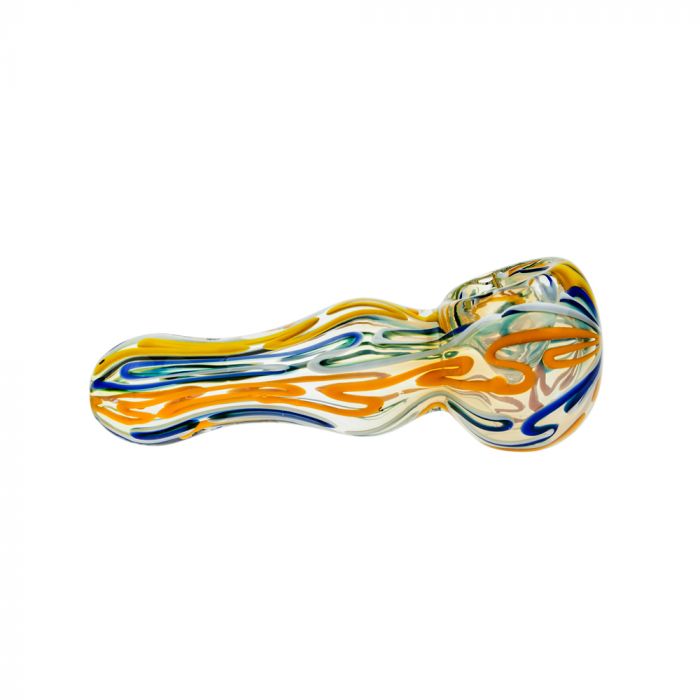 G-Spot Glass Spoon Pipe - Fumed with Blue and Yellow Zig-Zag Stripes main product photo