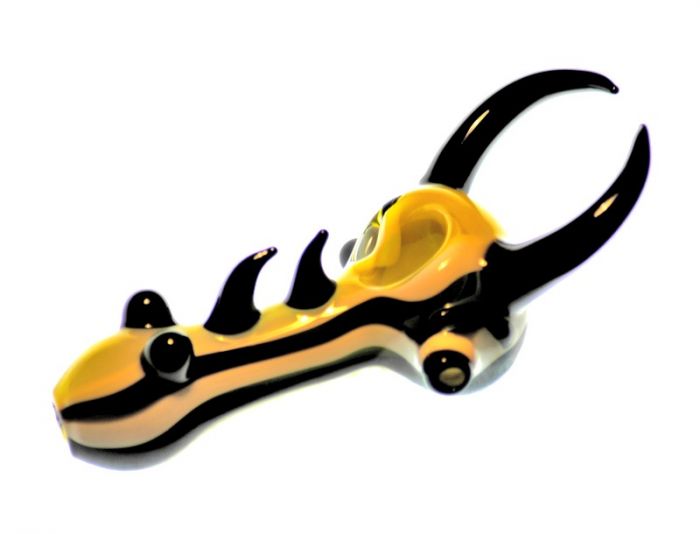 G-Spot Glass Spoon Pipe - Yellow and White Glass with Black Spikes and Marbles main product photo