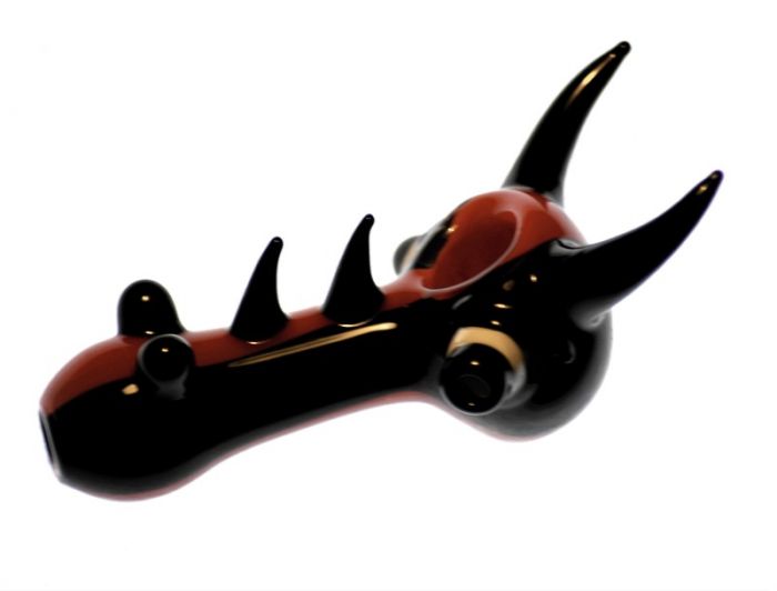 G-Spot Glass Spoon Pipe - Black and Red Glass with Black Spikes and Marbles main product photo