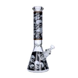 Glass Beaker Ice Bong with Skull Print | White | side view 1